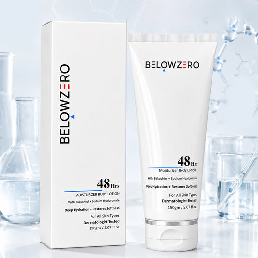 BelowZero moisturizer body lotion and packaging on a light blue background