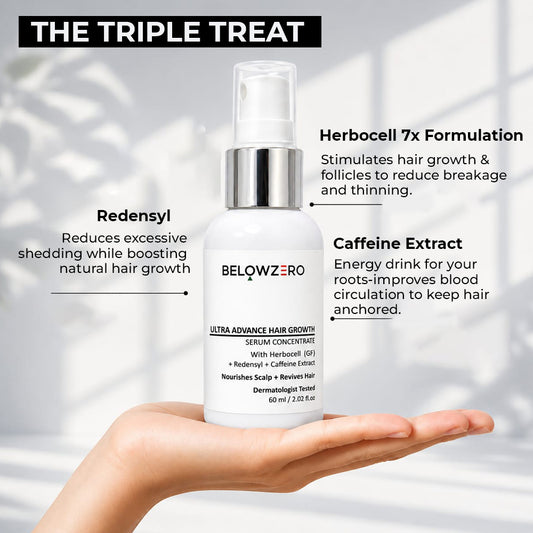 Hair growth serum bottle held in a hand with product details on a light background