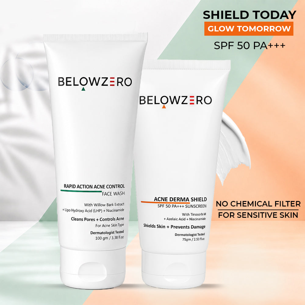 Two BelowZero skincare products on a gradient background with promotional text.