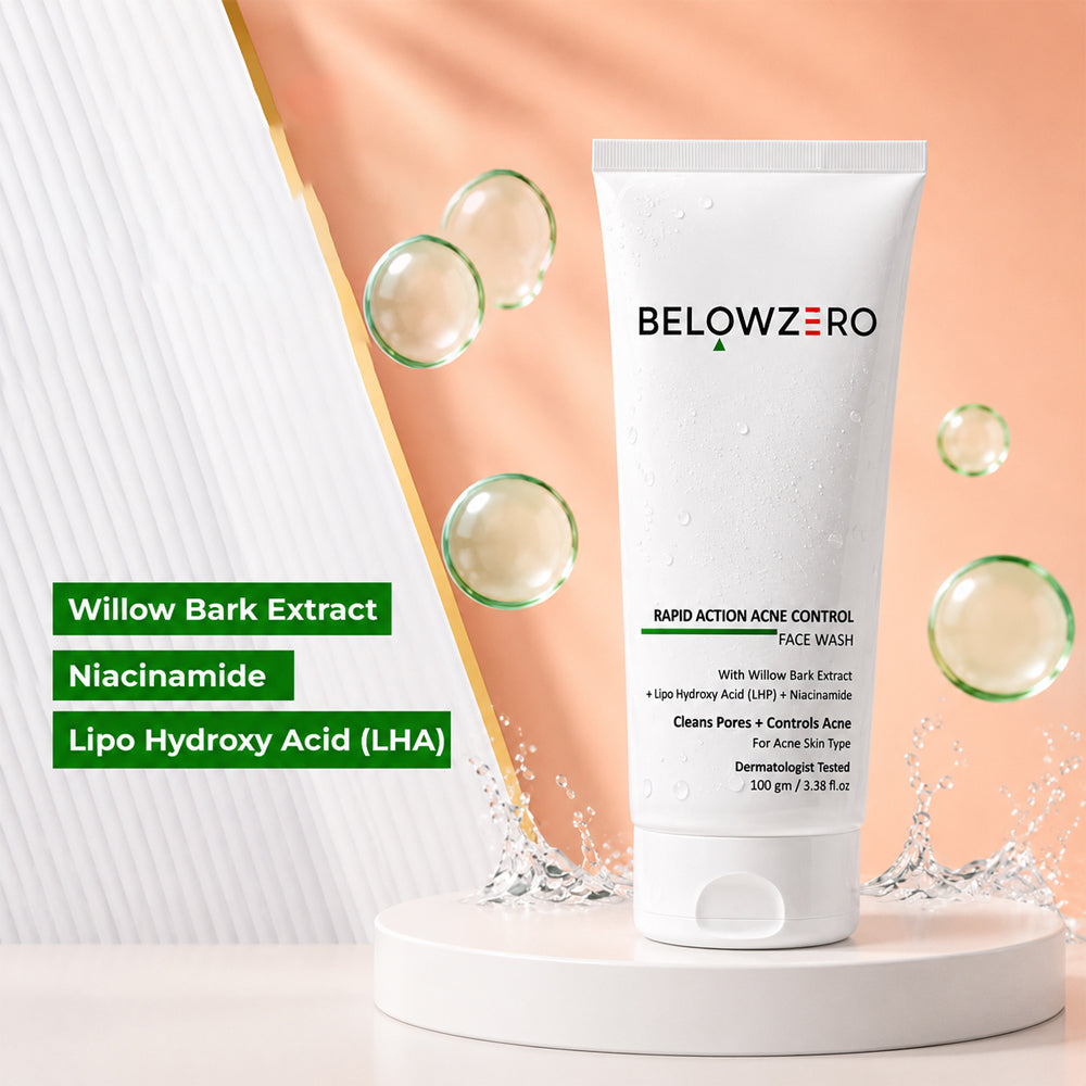 BelowZero face wash tube with ingredients listed on a peach background