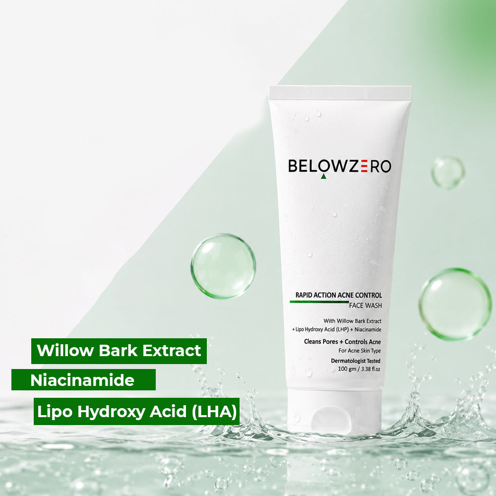 BelowZero Rapid Action Acne Control Face Wash with ingredients listed on a green background