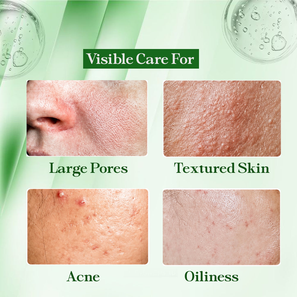 Skincare product packaging with skin conditions shown and 'Visible Care For' text.