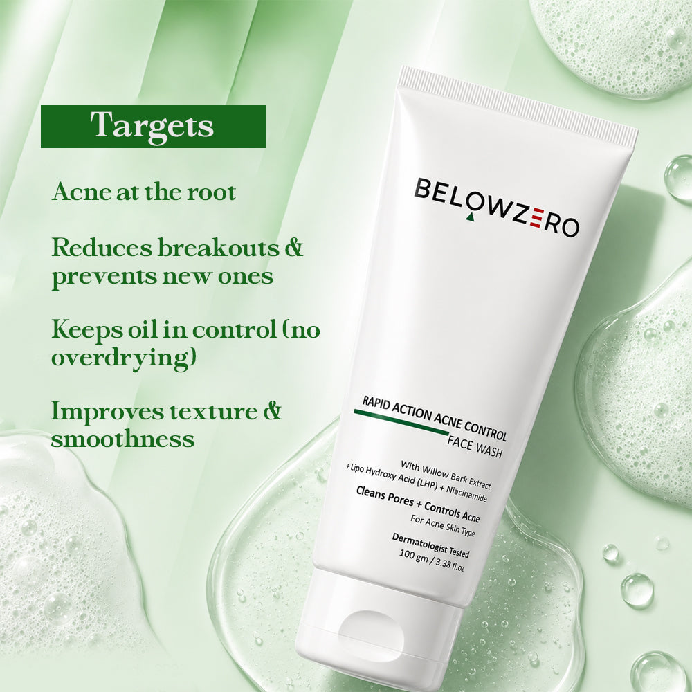 BelowZero face wash tube with product benefits on a green background
