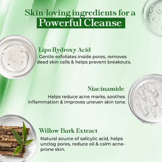 Product packaging with text on skin-loving ingredients for a powerful cleanse.