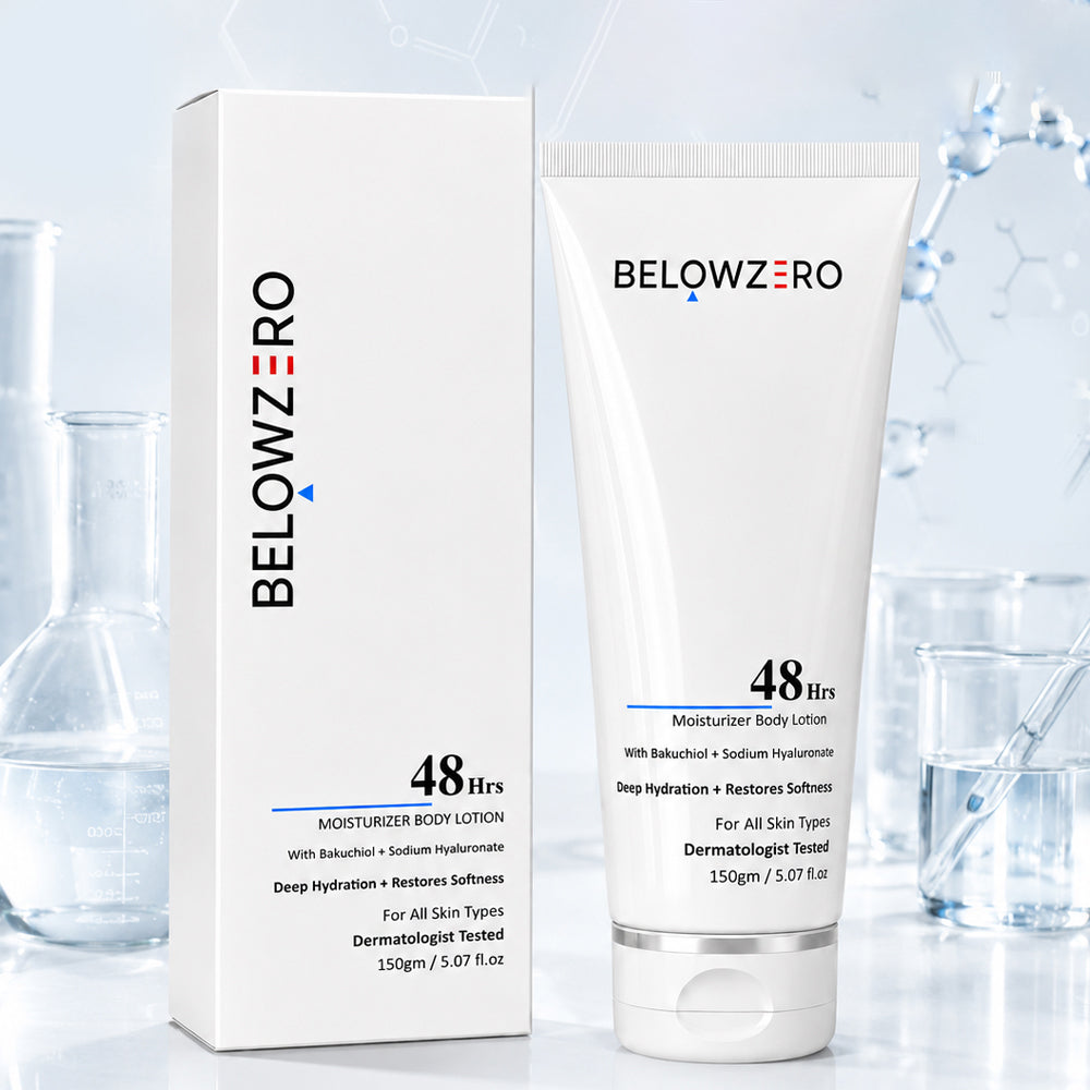 BelowZero moisturizer body lotion and packaging on a light blue background