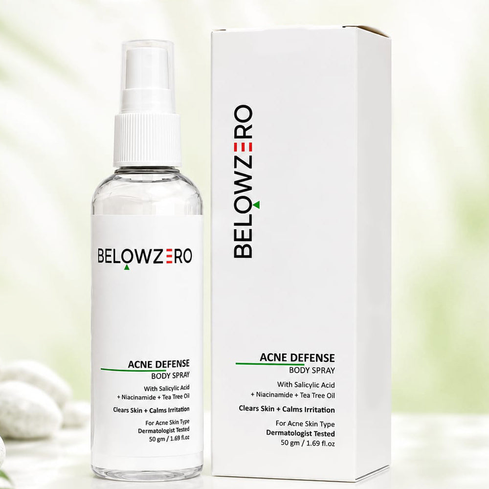 BelowZero Acne Defense Body Spray bottle and packaging on a light background