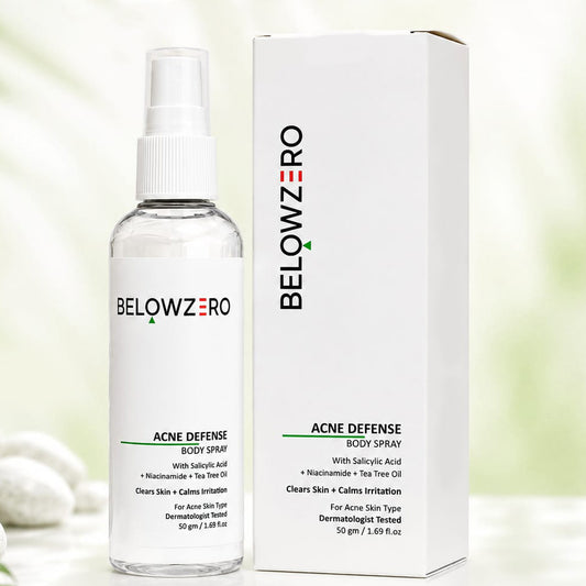 BelowZero Acne Defense Body Spray bottle and packaging on a light background