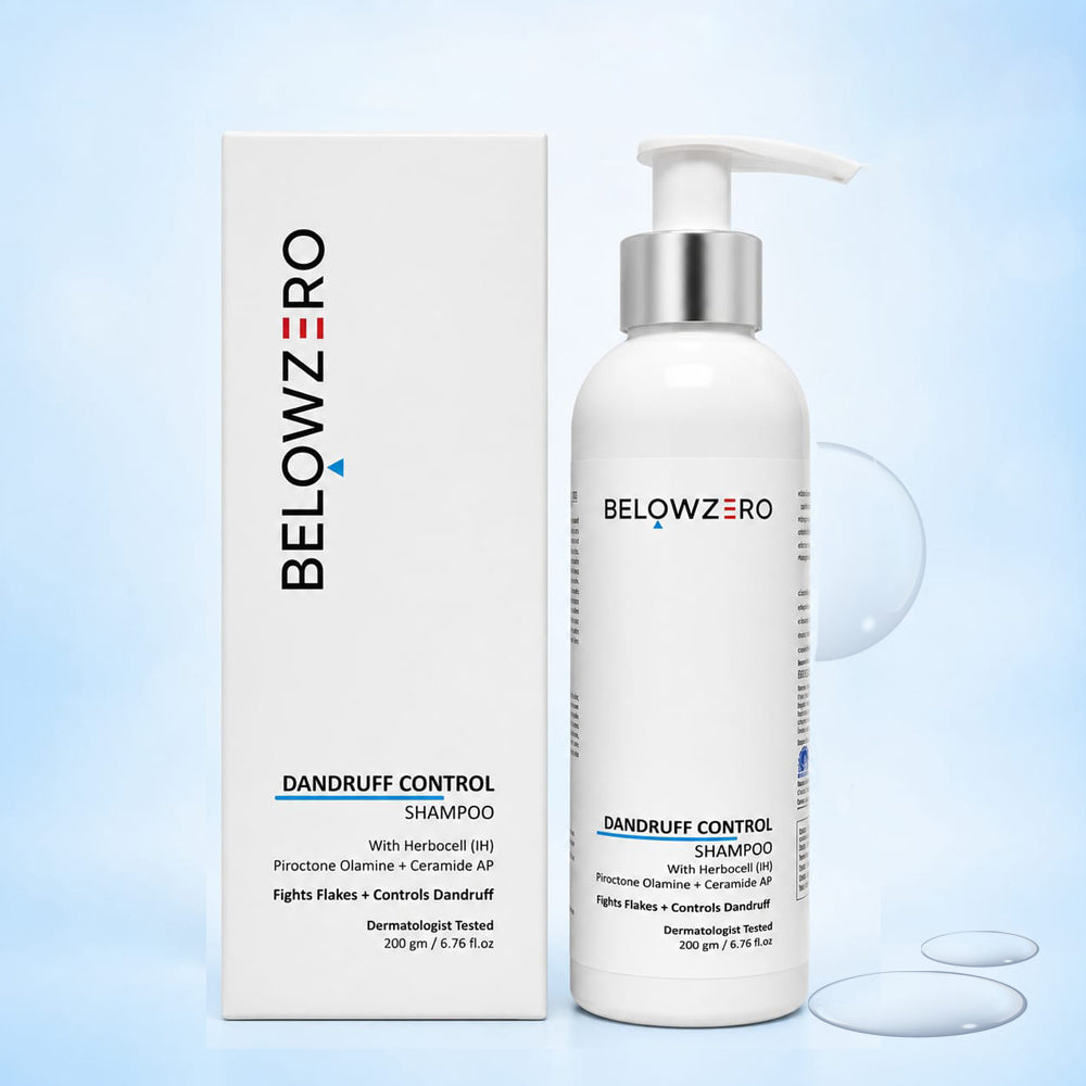 BelowZero dandruff control shampoo bottle and packaging on a light blue background