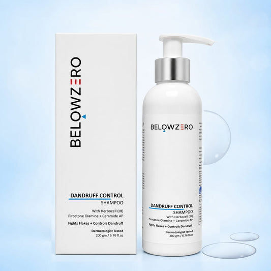 BelowZero dandruff control shampoo bottle and packaging on a light blue background