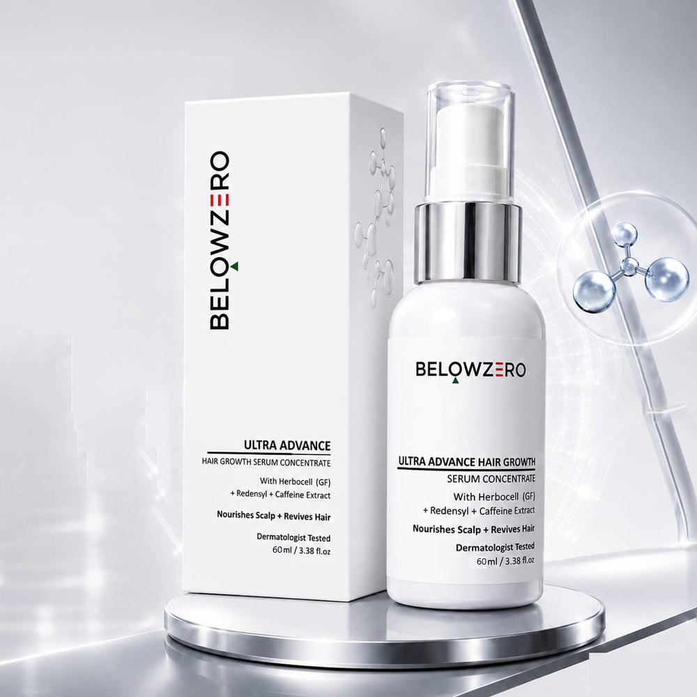 BelowZero Ultra Advance hair growth serum and packaging on a white background