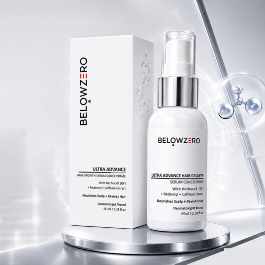 BelowZero Ultra Advance hair growth serum and packaging on a white background