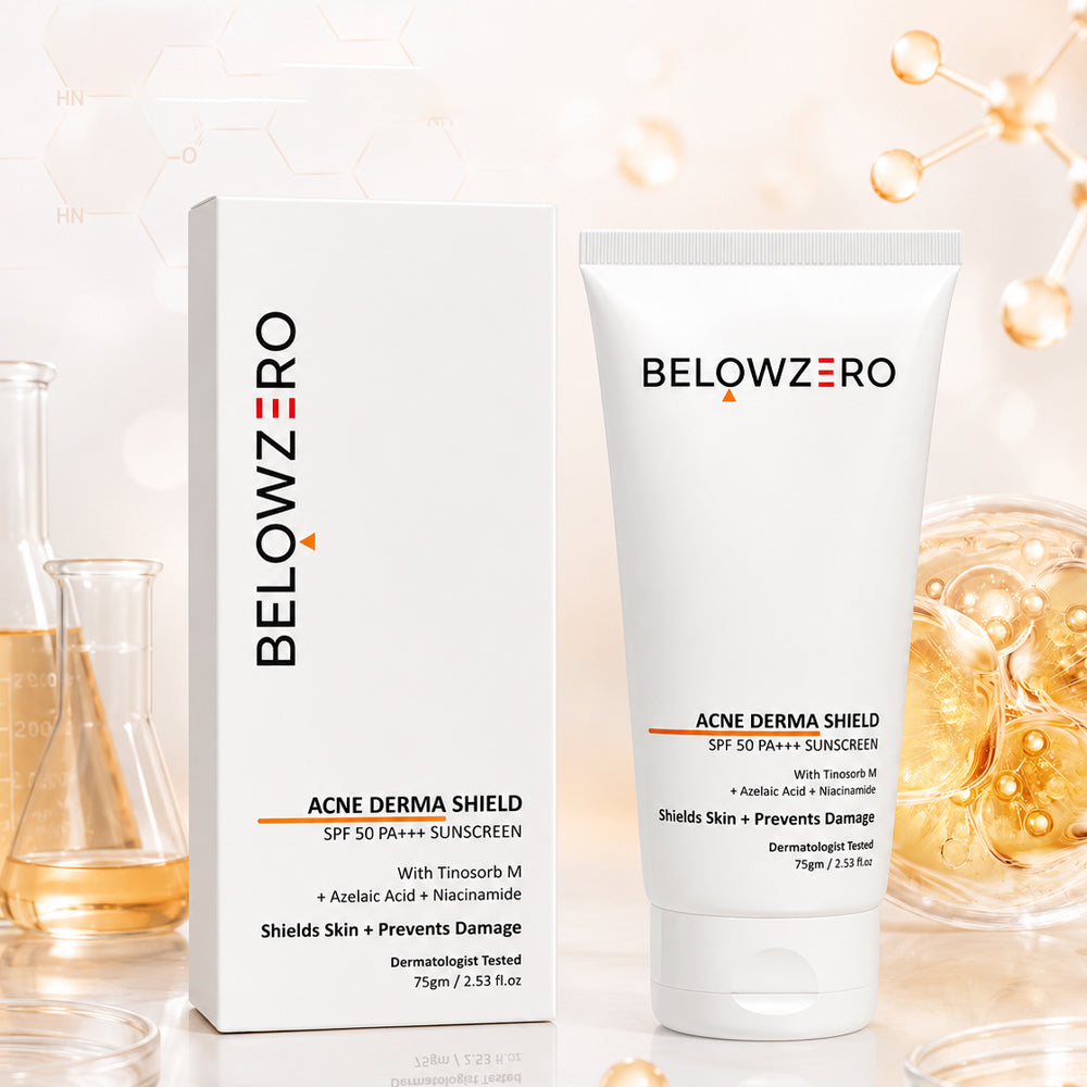 BELOWZERO Acne Derma Shield sunscreen packaging with a tube and box on a blurred background