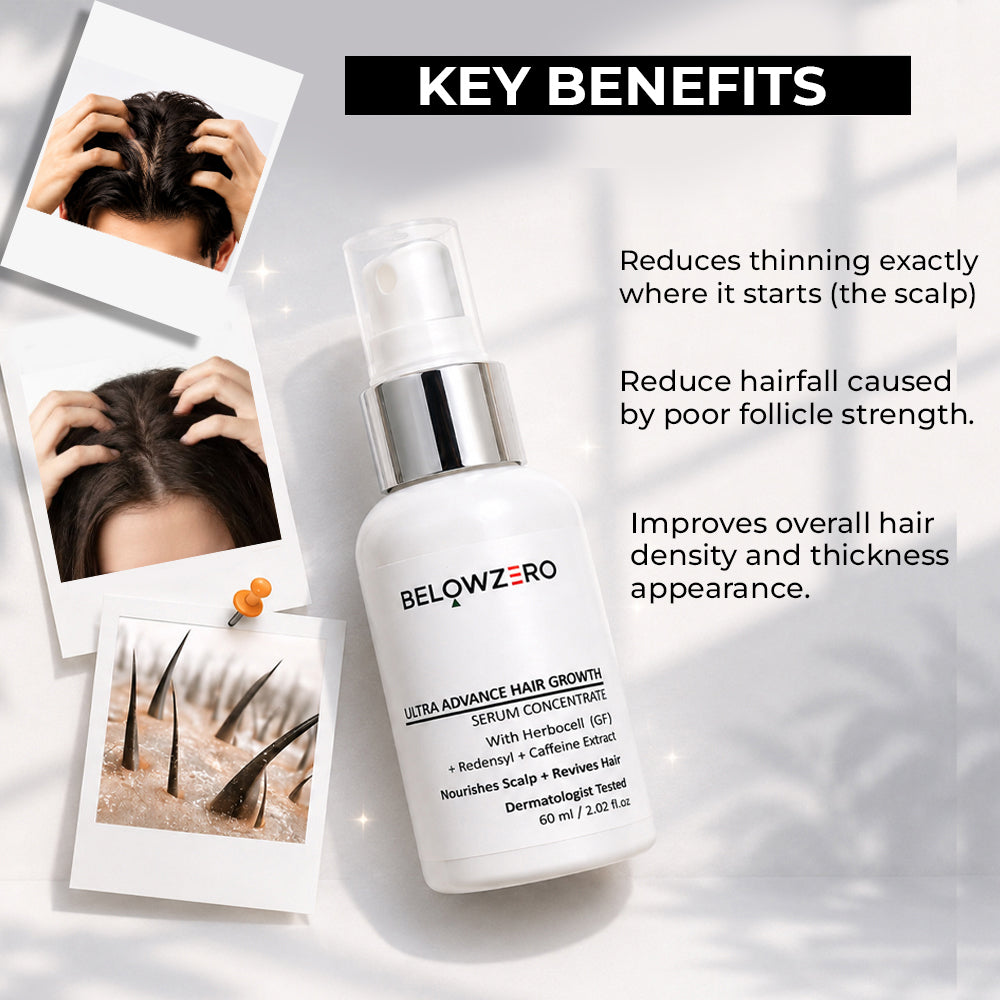 Hair growth serum bottle with key benefits text on a light background