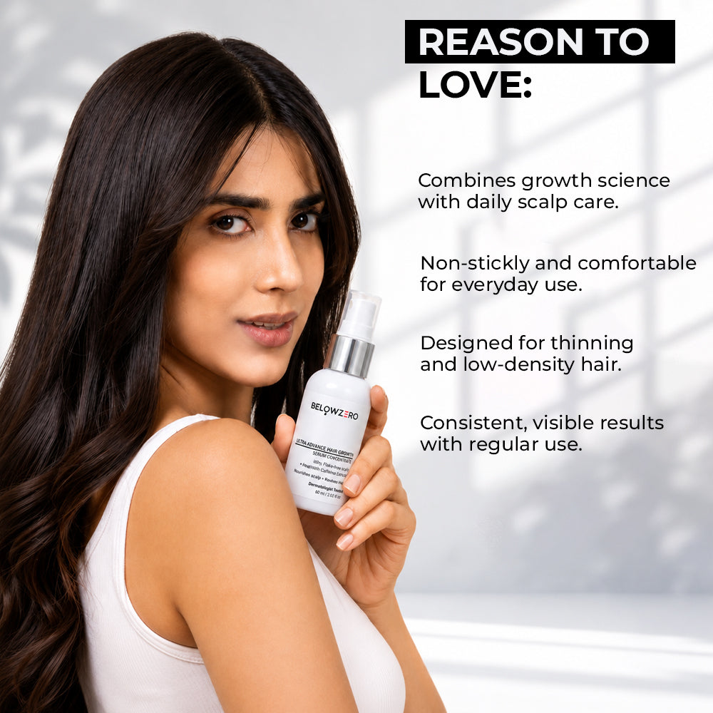 Woman holding a hair care product with text about its benefits on a blurred background