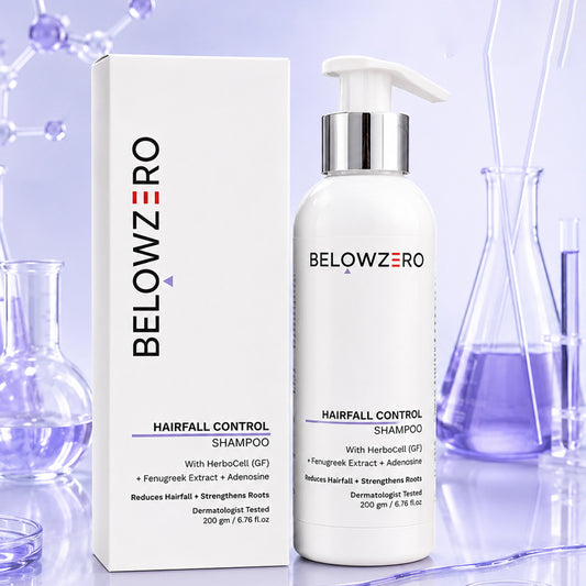 BELOWZERO Hairfall Control Shampoo bottle and box with scientific background